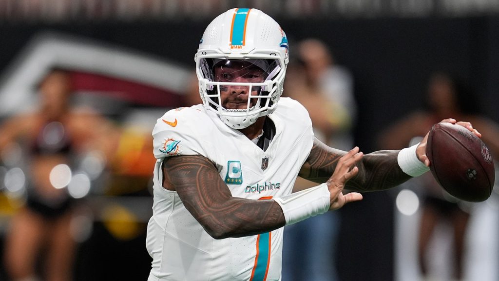 Dolphins’ Tua Tagovailoa battles illness to throw 4 TDs vs Falcons