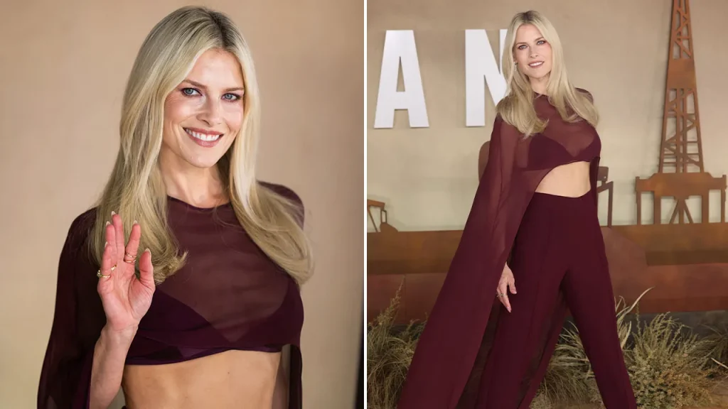 Ali Larter wears burgundy bralette and sheer cape at ‘Landman’ premiere